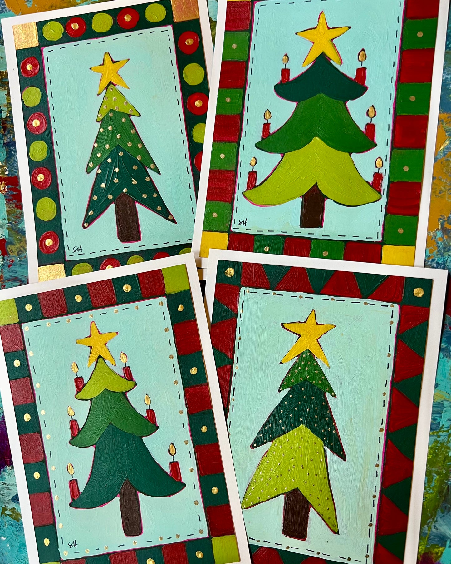 Folk Art Trees Hand Painted Postcards