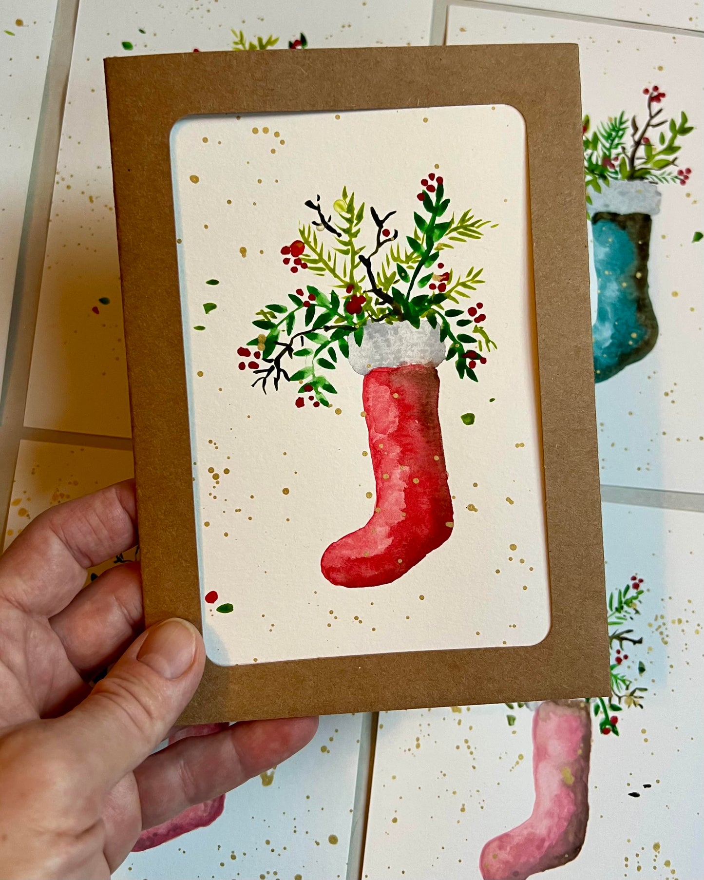 Mrs. Claus' Stocking Hand Painted Christmas Cards